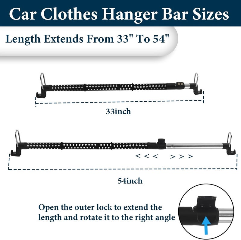 Greeily Car Clothes Hanger Bar, 33" to 54" Telescopic Clothes Rod for Car Travel Road Travelers Made of Stainless Steels Heavy Duty Car Bar Sturdy Rubber Grips and Rings - Image 2